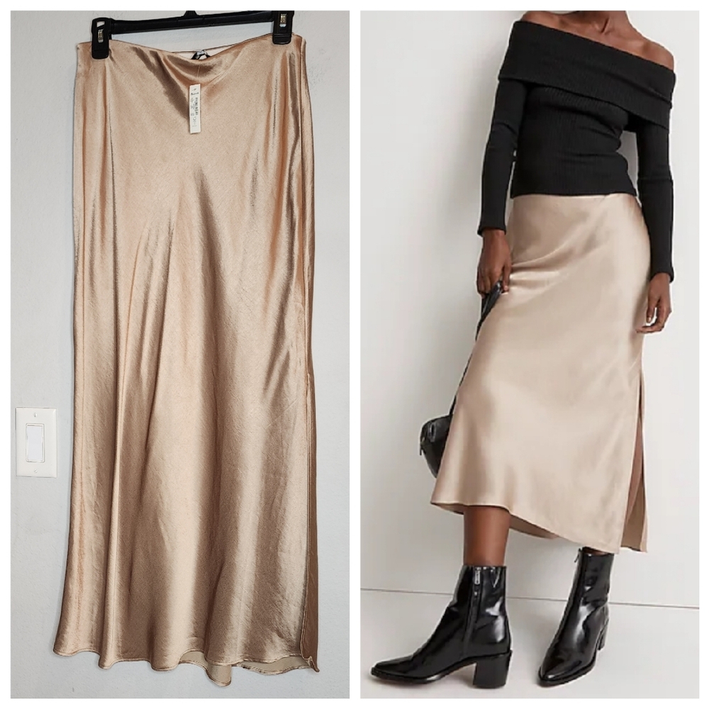 NWT Madewell Pull On Satin Maxi Slip Skirt Slit Beige Size 6
